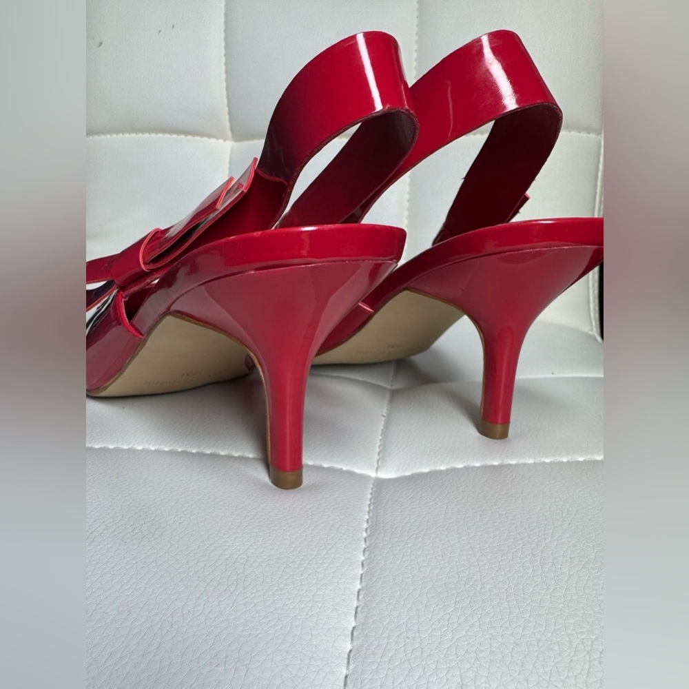 Red Patent Slingback Pointed-Toe Heels with Bow Accent - Picture 4 of 14